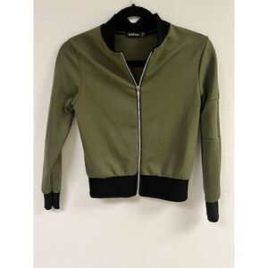 boohoo Women's Long Sleeve Zip up Casual Bomber Jacket Olive Green Size 4